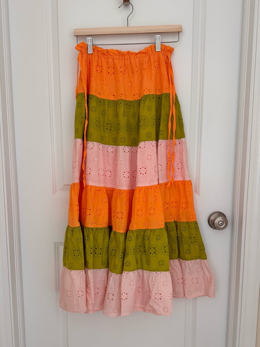 Boho Tiered Eyelet Midi Skirt in Orange, Green & light pink